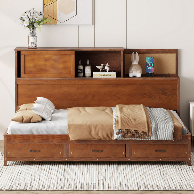 Wooden Daybed With 3 Storage Drawers, Full/Double, Walnut