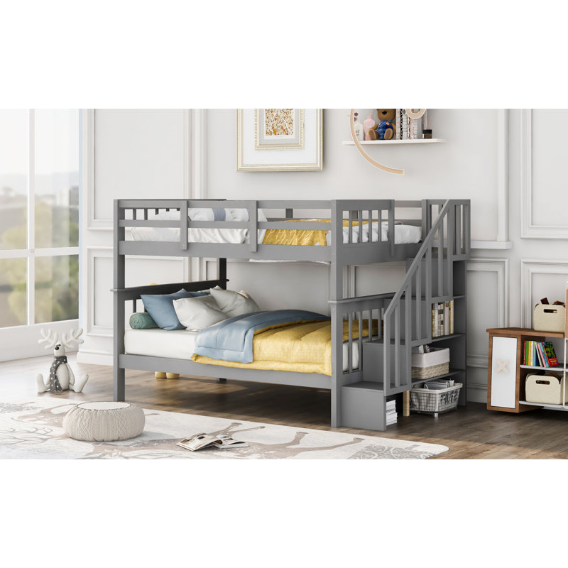 Stairway Full-Over-Full Bunk Bed With Storage And Guard Rail For Bedroom, Dorm, Grey