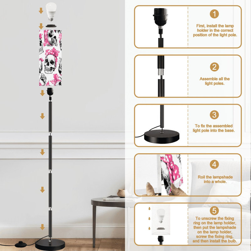 Lampe sur pied crâne rose sans soudure à arc avec lampe à pied à intensité variable avec télécommande et pédale, abat-jour, abat-jour haut, lampe de coin pour le salon, la chambre et le bureau