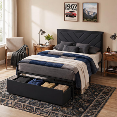 Twin Size Bed Frame with Drawer & Charging Station, Black