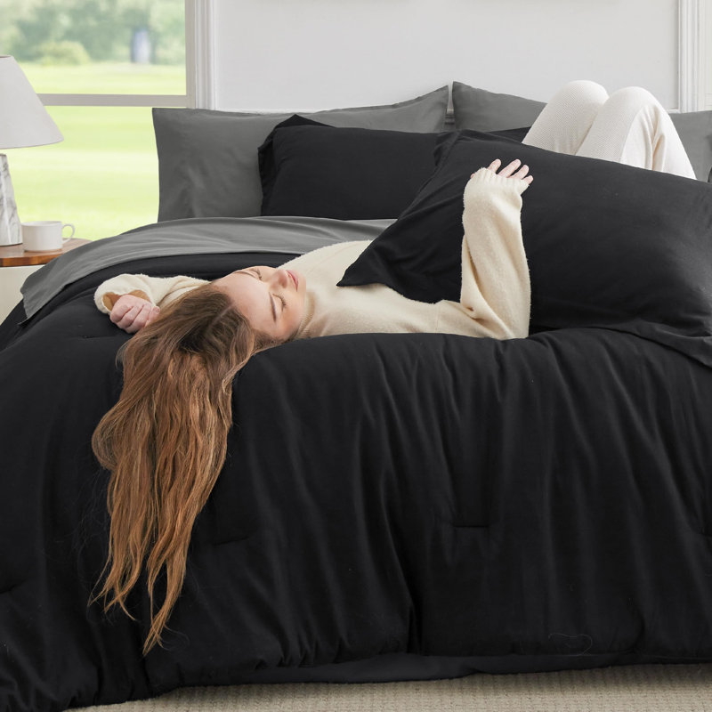 Ensemble d'édredon très grand taille - 7 pièces, ensemble de literie très grand noir toutes saisons, lit de style bohème contrastant dans un sac avec édredon, draps, taies d'oreiller et taies décoratives