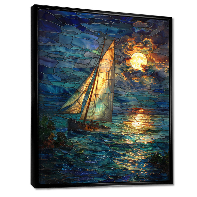 Voilier sur des vagues turquoise sous la pleine lune blanche - art mural plage et océan, H 20 po x l 12 po x P 1 po