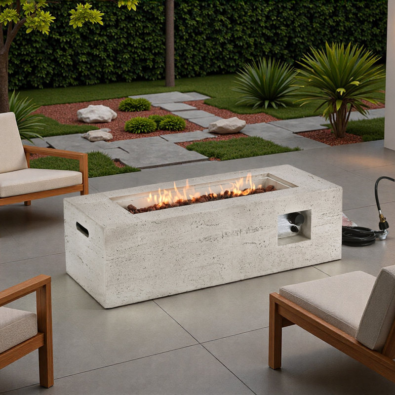Mgo Propane Outdoor Rectangular Fire Pit With Side Cutout Handles, Steel Burner, Adjustable Flame Control, Lava Rocks And Rain Cover