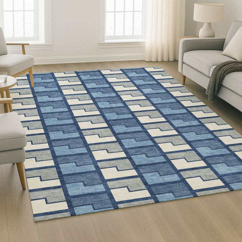 Tapis géométrique lavable à la machine de qualité supérieure Mayfield AMF2417, Marine, 10 pi x 14 pi