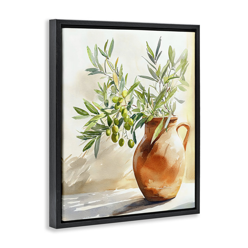 Branche d'olivier dans un cadre flottant en terre cuite, design par LSR Design Studio, 31 x 25, Jet Black Floater Framed