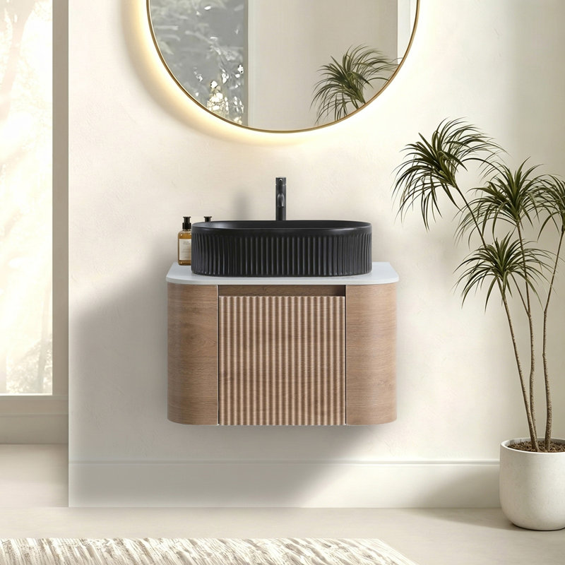 Armoire murale avec porte-serviettes gratuit et vasque en céramique sans drain ni robinet, Chêne miel, 24 pouces, Black