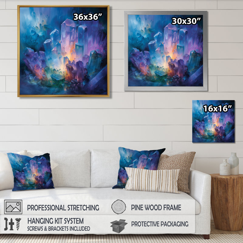 Décoration murale grottes de cristal mauve bleu - Spiritual Stone, Encadrement argenté, H 16 po x l 16 po