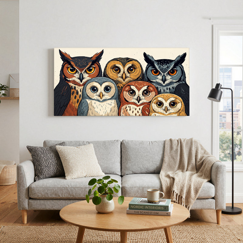 «Brown and Grey Owls Group», art mural sur toile rétro, 46“W x 24”H