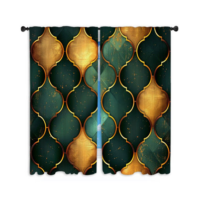 11961_Modèle marocain de rideaux de fenêtre, carreaux verts - 2 panneaux