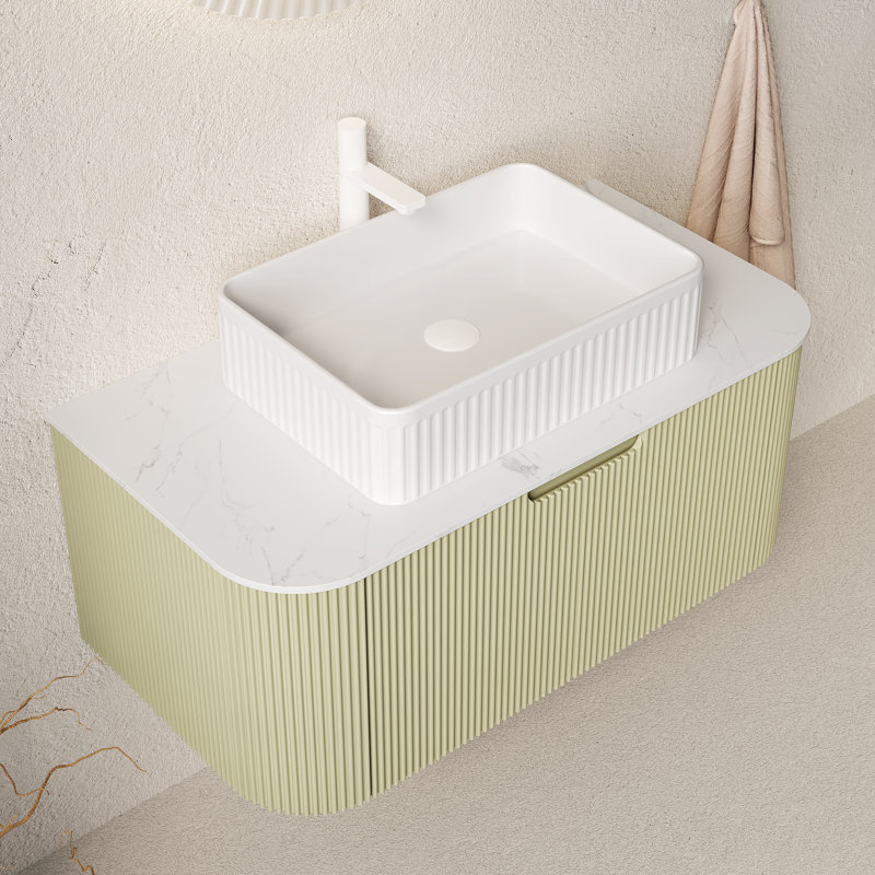 Meuble-lavabo mural 36 po avec lavabo rectangulaire en céramique, façade de tiroir rayé 3D et rangement à fermeture en douceur - Pré-assemblé