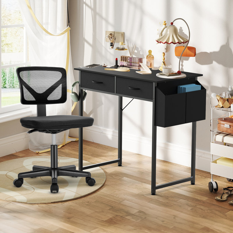 Desk and Chair Set: 32 Inch Computer Desk & Height Adjustable Black Mesh Chair, Black/Black