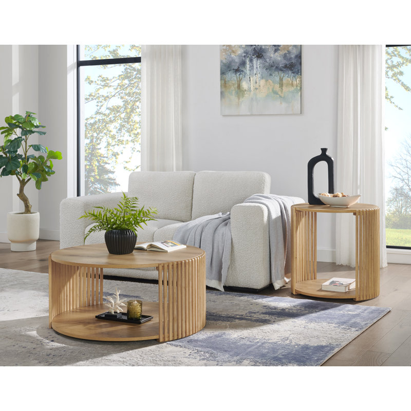 Estie Round Wood Slatted Coffee Table with Shelf