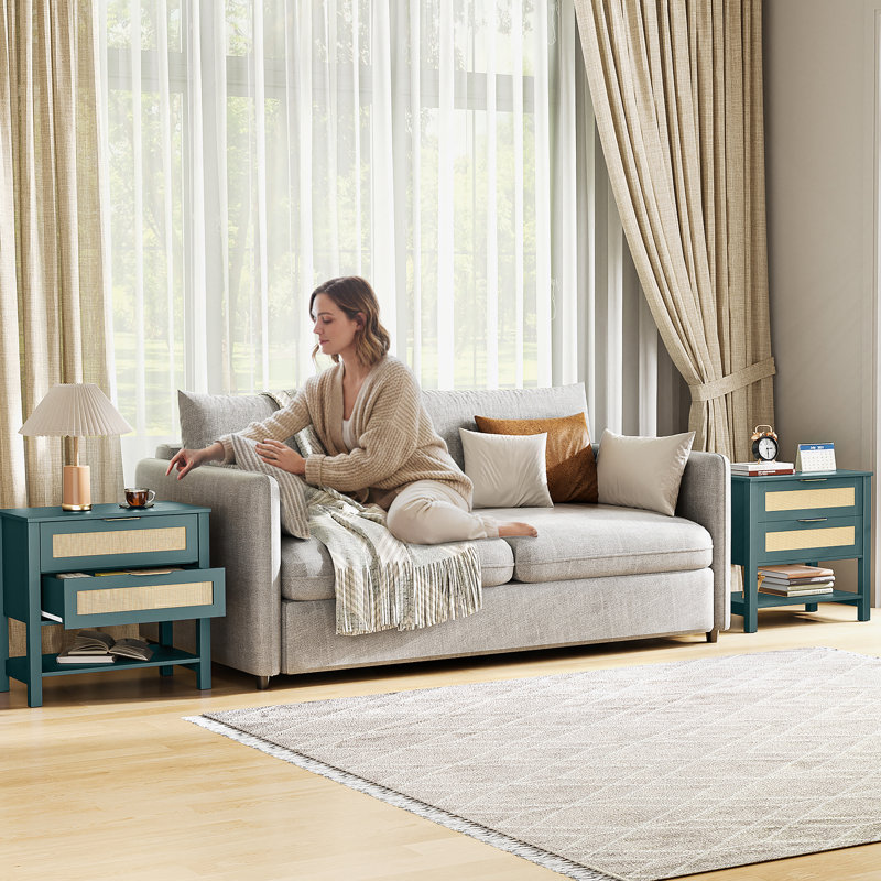 Table de chevet étroite en rotin avec 2 tiroirs et tablette de rangement Boho, Vert