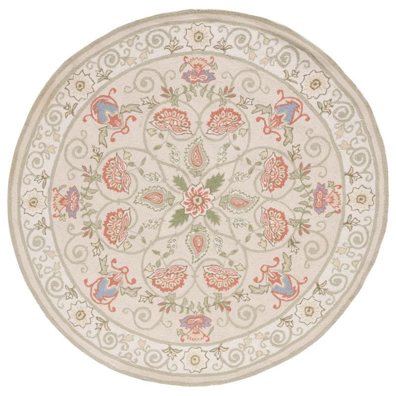 Tapis beige / vert en laine à motif floral crocheté à la main Hollander, Rond 3 pi