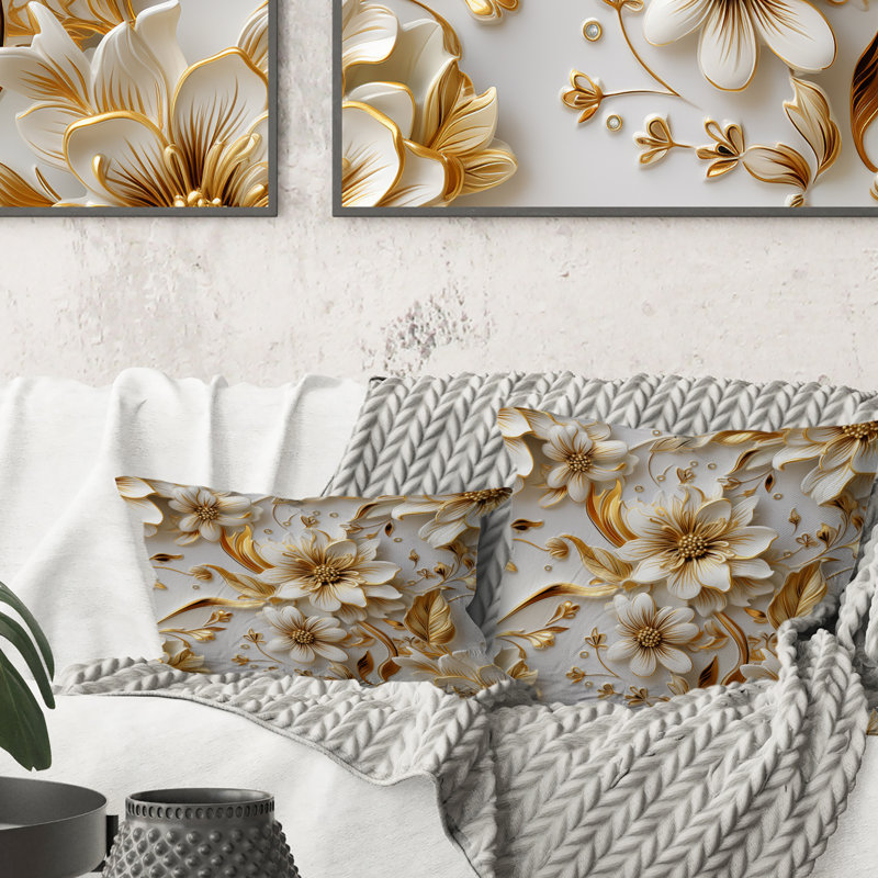 Golden White And Blue Flowers Elegance III - Marble Printed Throw Pillow