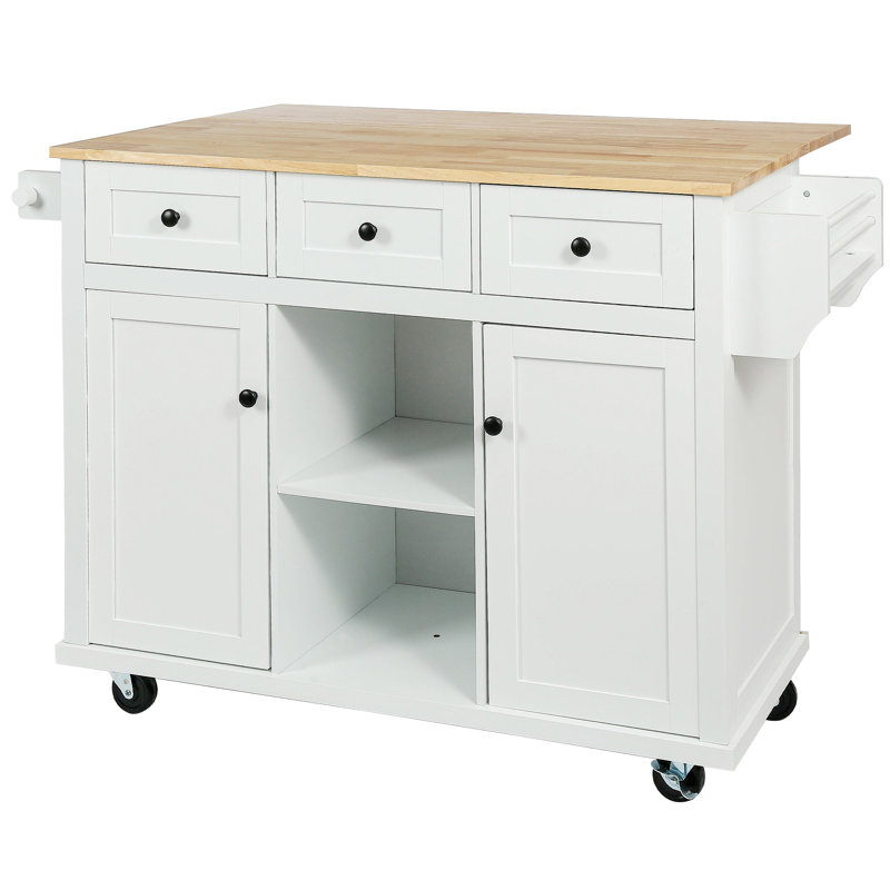 Wide Rolling Kitchen Island With Solid Wood Top,island,coffee cart, White