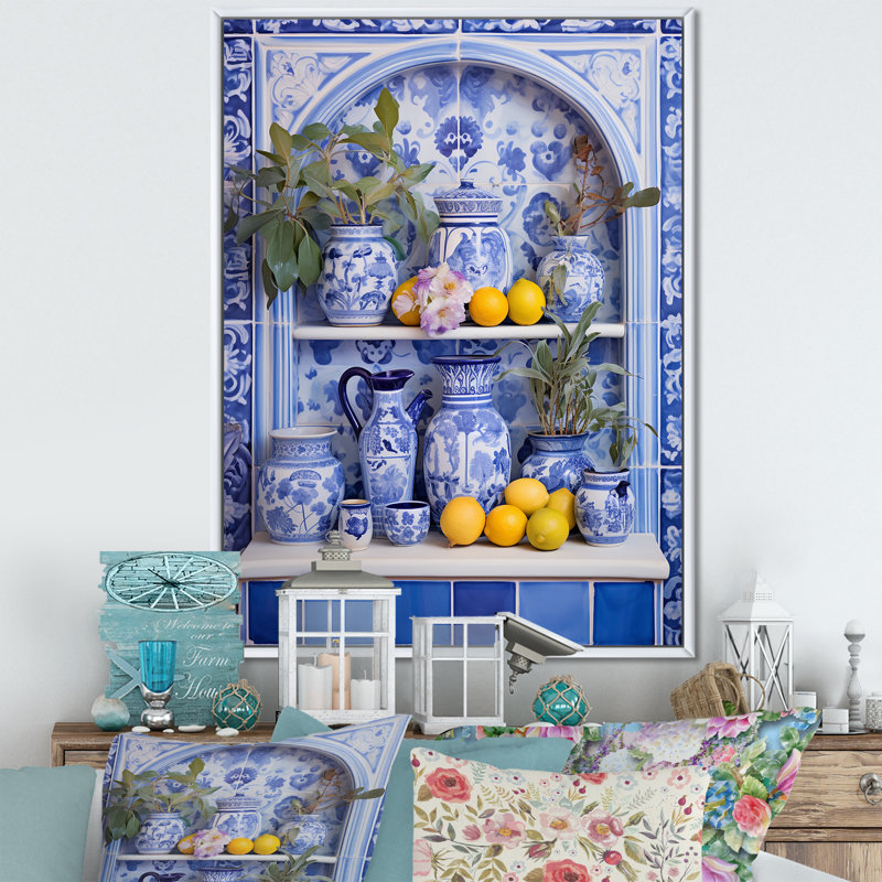 Carreaux grecs Still Life Kitchen II - Boho Pottery, art mural, Cadre flottant blanc, H 44 po x l 34 po x P 1,5 po