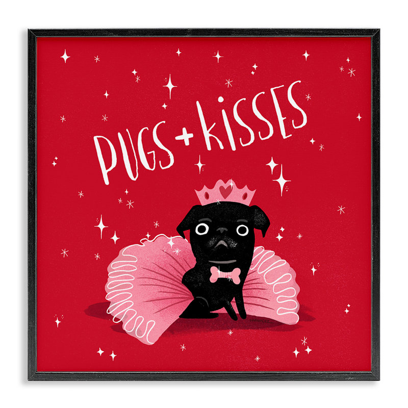Pugs & Kisses on Giclee Art encadré par Leeza Hernandez, H 17 po x l 17 po, Giclée encadrée noir minuit
