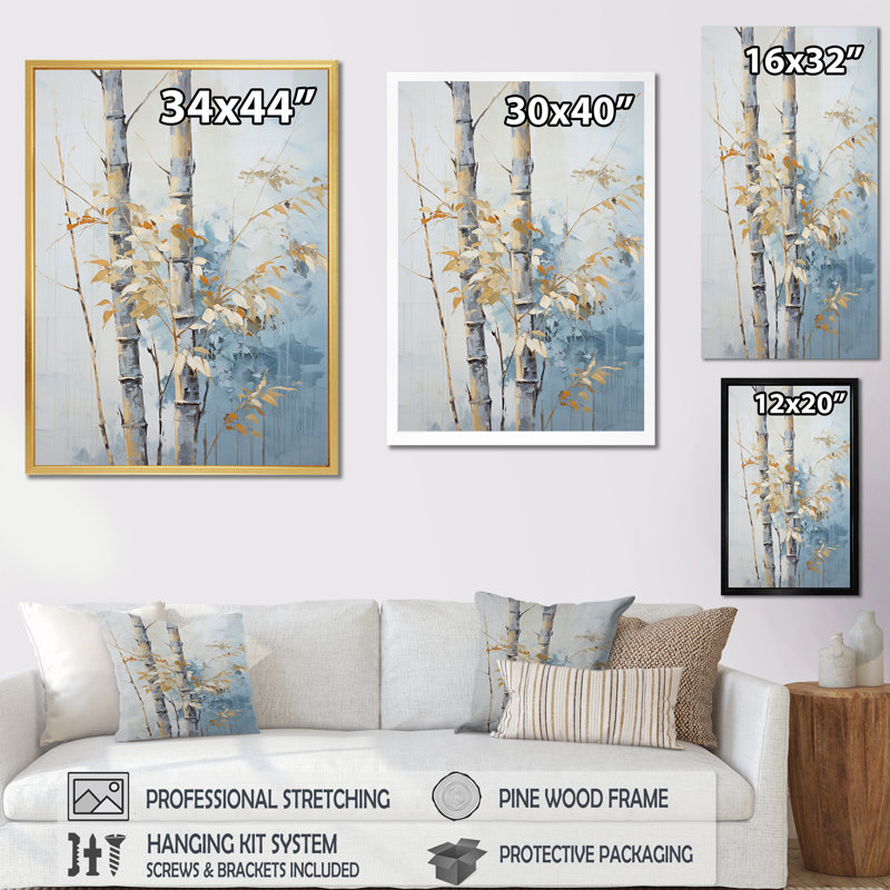 «Blue and Gold Bamboo Dance I», reproduction sur toile, H 20 po x l 12 po x P 1 po, Cadre flottant blanc