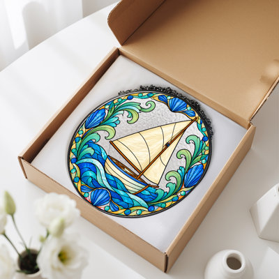 Sailboat in Stained Glass Circle with Blue Waves and Shells Canvas Wall Art