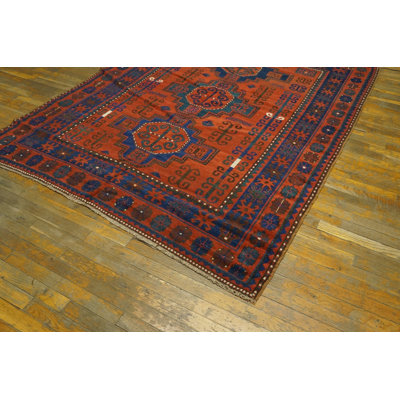 Bold Red and Blue Antique Tribal Primitive Caucasian Kazak Area Rug