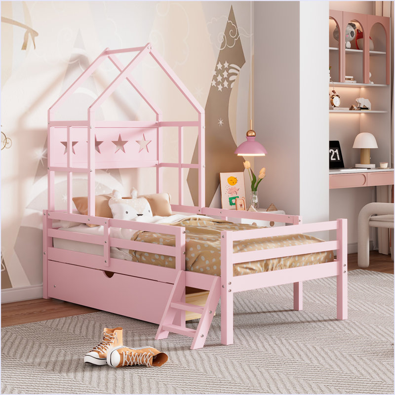 Lit plateforme en bois avec garde-corps et tiroir, Rose