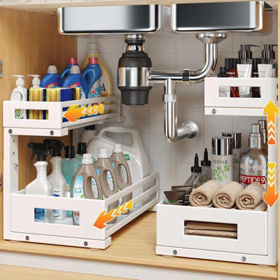 Ensemble de 2 ensembles de rangement sous le lavabo en L, tablette coulissante en métal à 2 niveaux avec hauteur ajustable pour la cuisine