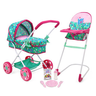 Baby Alive: Ensemble de voyage - 7 pièces - vert, rose, cœurs - poussette, chaise haute, sac, accessoires d'alimentation, ensemble pour poupées jusqu'à 18 po, jouet pour enfants, 3 ans et plus