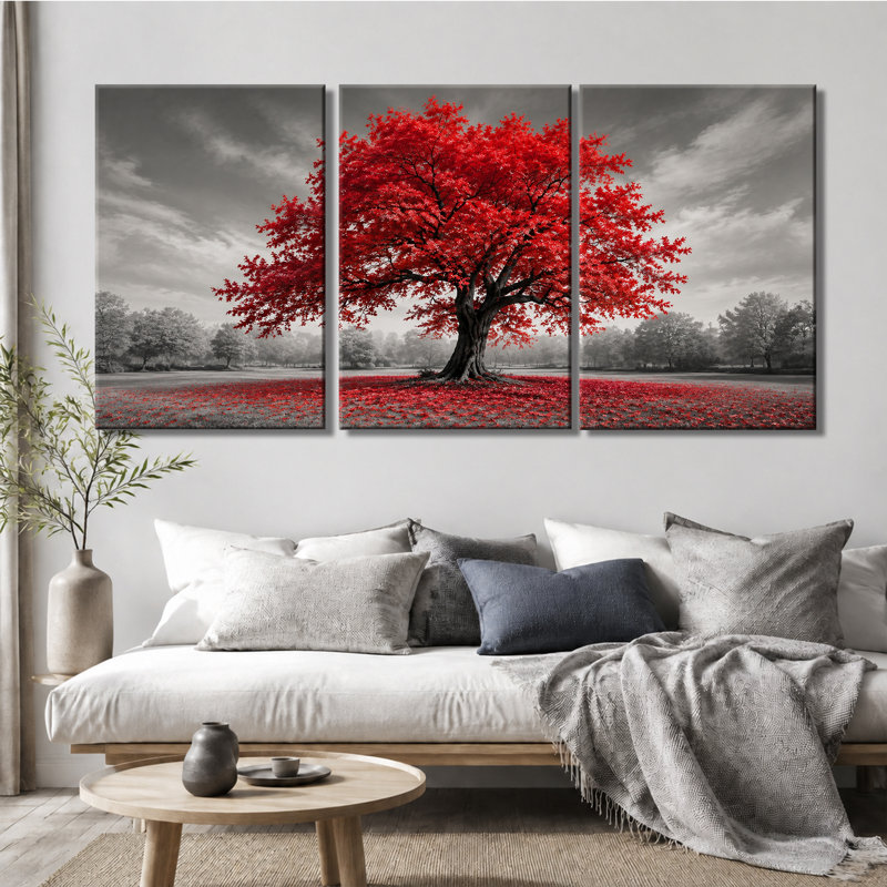 Impression sur toile tendue à 3 panneaux gris en érable rouge, 16*24inch*3