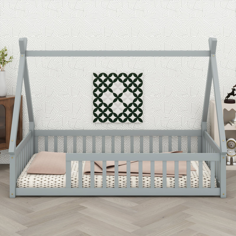 Playful Tent Design Floor Bed With Guardrails And Sturdy Slats, Gray