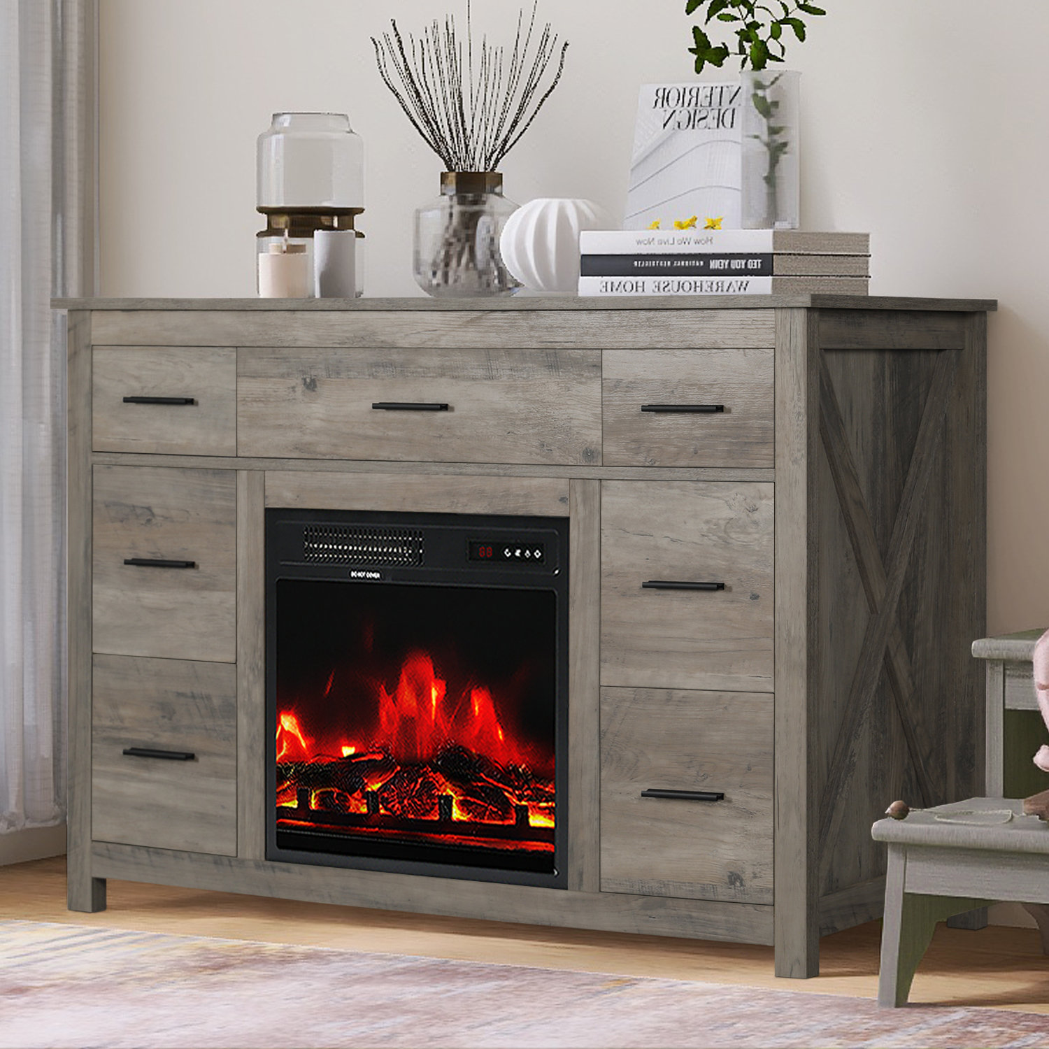fireplace dresser Furniture of America 4-Piece Fairhart Black 2-Drawer 26 in. W Set of 2  Nightstands with Dresser and 72 in. TV Stand Fireplace 7415BK-2NSD-TV2