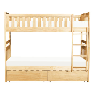 Twin Over Bunk Bed In Natural Pine Finish, With Storage Boxes And , For Bedroom, Top Guard Rails, Under , No Box Spring Needed, Each Holds 300Lbs Featuring Youth Spring, Weight Capacity