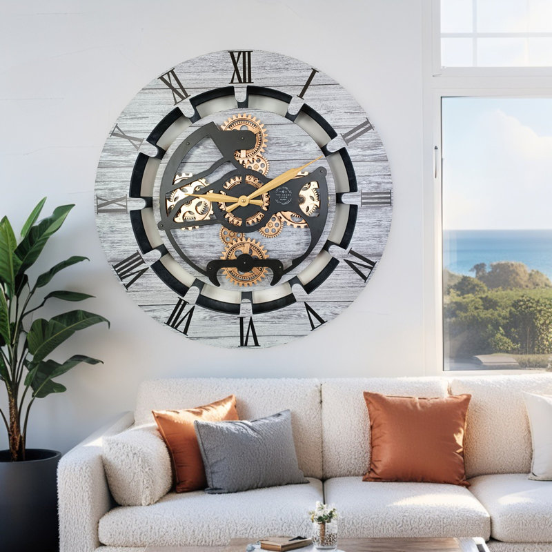 Horloge murale ronde surdimensionnée de 24 po pour le salon avec la collection Real Gear Gears Canada, Gris argenté