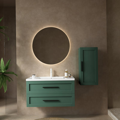 Meuble-lavabo 36 po avec lavabo, meuble-lavabo mural moderne avec 2 tiroirs (sans armoire latérale), lavabo en céramique blanc sans robinet, vert
