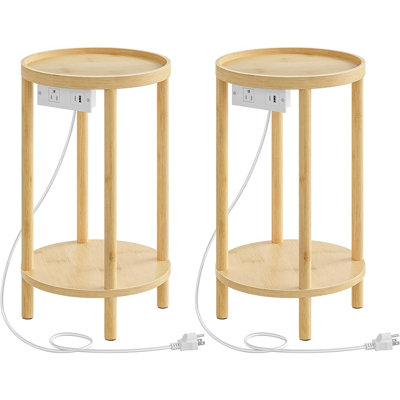 Ensemble de 2 petites tables d'appoint rondes avec station de charge, tables de bout rondes en bambou à 2 niveaux, facile à assembler, pour salon, chambre à coucher, appartement, naturel