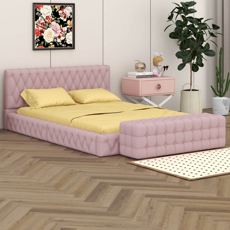 Grand lit tapissier avec repose-pieds rectangulaire Abbagayle, Rose