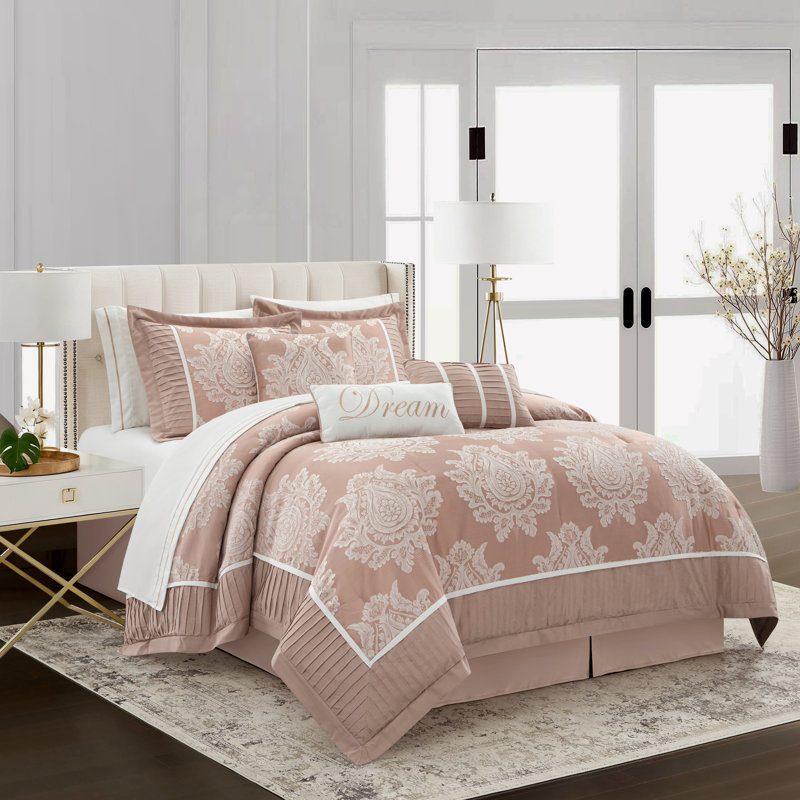 Ensemble d'édredon en microfibre 15 pièces Therese, Rosé, Très grand lit