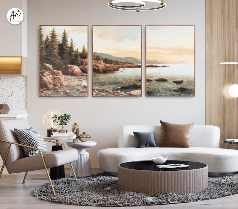 «Acadia National Park», ensemble de 3 reproductions d'art à l'aquarelle, H 47 po x l 99 po x P 1,5 po, Toile tendue