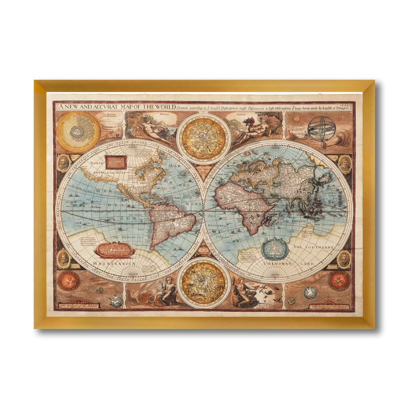 Ancienne carte du monde, reproduction d'art sur toile, H 16 po x l 32 po x p 1 po, Or