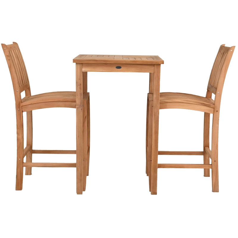 Teak Wood Bar Set Including Square Bistro Bar Table And Abacho Barstools, 43" H x 27" L x 27" W, 2