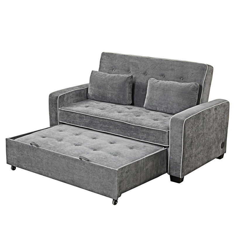 Upholstered Pull Out Sofa Bed With Throw Pillows, USB Charging Port And Adjustable Backrest, Charcoal Gray