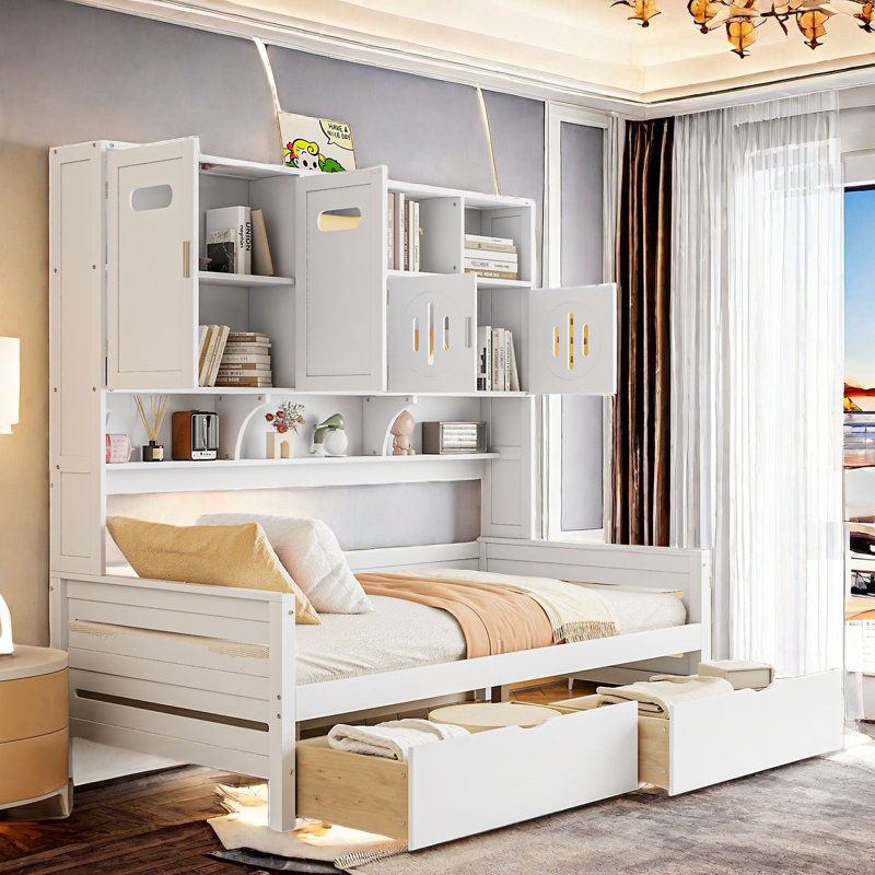 All-in-one Wooden Daybed With 2 Drawers, Cabinets And Shelves, Twin, White
