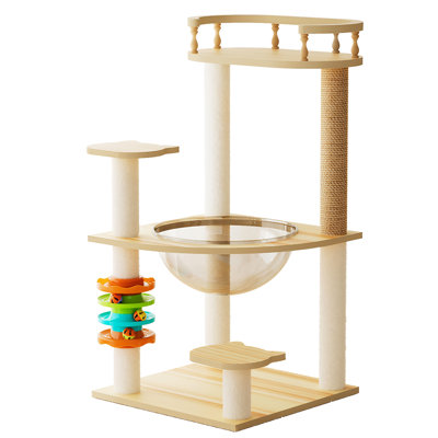 32.2" Wood Cat Tower For Indoor Cats, Showcasing - Covered Scratching Posts, A Relaxing Top Perch, Acrylic And Engaging Gadgets Protectors Equipped With Spacious Playthings