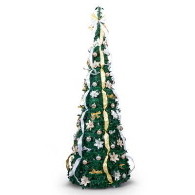 Arbre de Noël artificiel escamotable 7 pi, PVC vert, 200 DEL blanc chaud, télécommande, or et argent