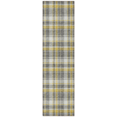 8' Runner Grey Yellow and White Plaid Washable Non Skid Indoor Outdoor Runner Rug
