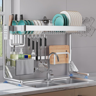 Égouttoir à vaisselle extensible à 2 niveaux pour évier, en acier inoxydable 304, argenté, réglable de 53 à 95 cm, grand organisateur de rangement pour comptoir de cuisine