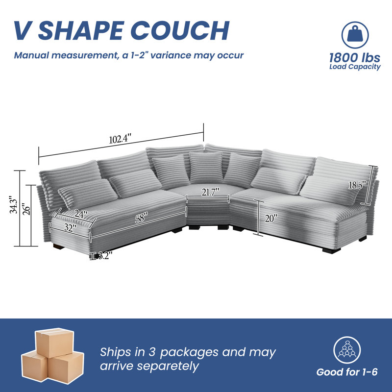 Canapé d'angle 5 places, canapé modulaire rembourré en velours côtelé pour le salon, Gris