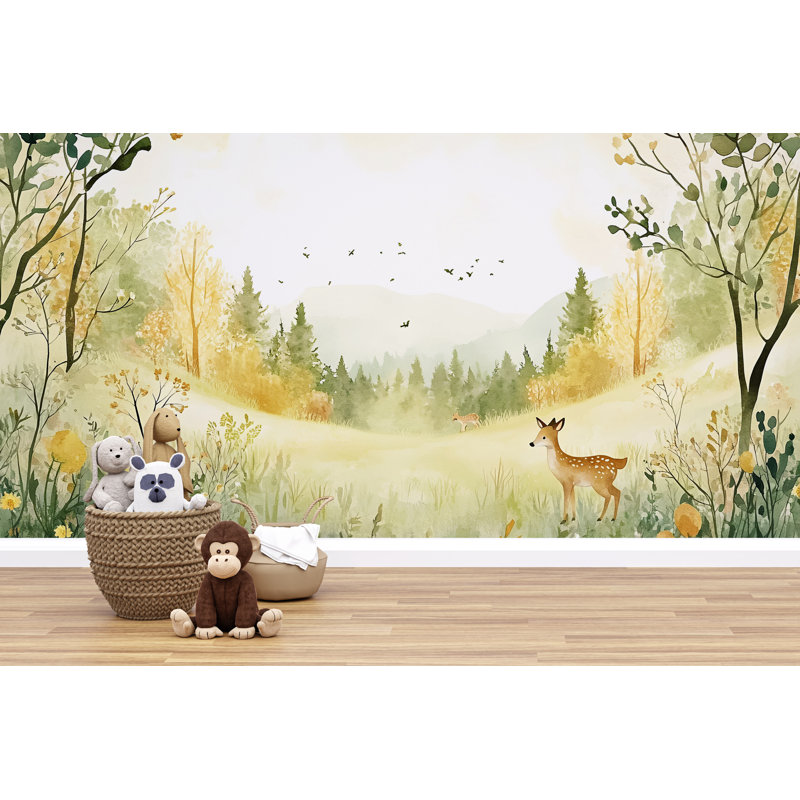 Papier peint aquarelle forêt de cerf, L 17 po x l 15 po, Peler et coller