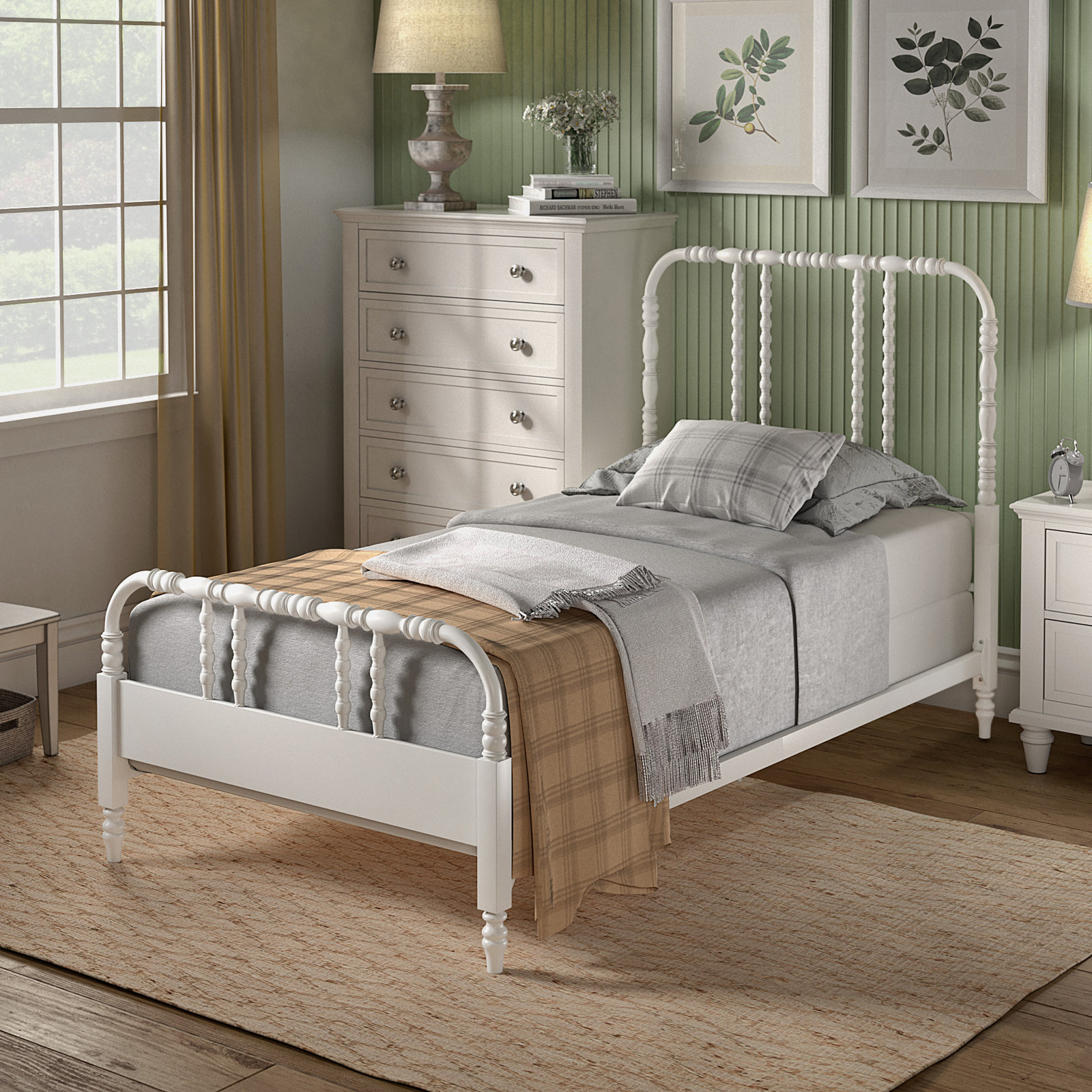 Iron Twin Bed with Spindle Headboard, White