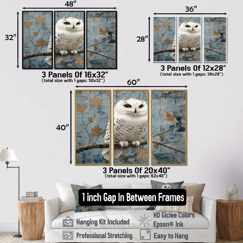 Chouette blanche enneigée ornée d'or - ensemble d'art mural hibou, Toile avec cadre flottant brun, H 32 po x l 48 po x P 1 po